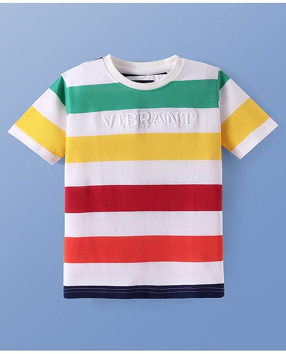 Pine Kids Cotton Knit Half Sleeves T-Shirt with Stripes - White Green Red