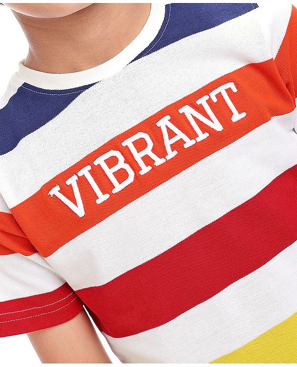 Pine Kids Cotton Knit Half Sleeves T-Shirt with Stripes - White Green Red