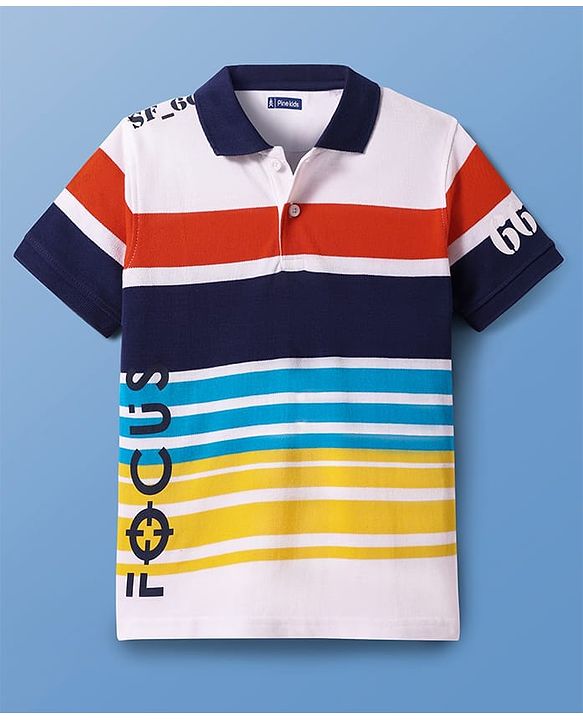 Pine Kids Cotton Knit Half Sleeves Polo T-Shirt with Stripes & Focus Text Print - White & Blue