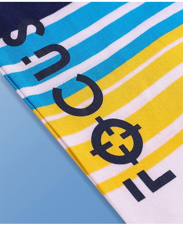 Pine Kids Cotton Knit Half Sleeves Polo T-Shirt with Stripes & Focus Text Print - White & Blue