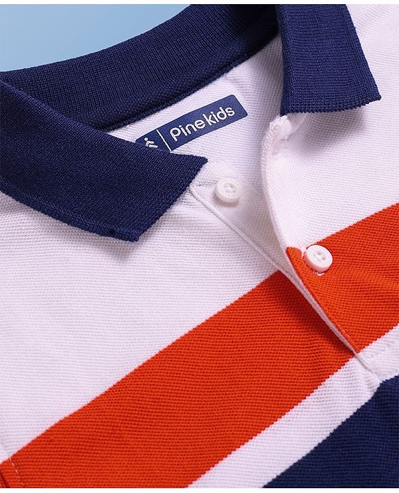 Pine Kids Cotton Knit Half Sleeves Polo T-Shirt with Stripes & Focus Text Print - White & Blue