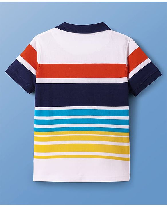 Pine Kids Cotton Knit Half Sleeves Polo T-Shirt with Stripes & Focus Text Print - White & Blue