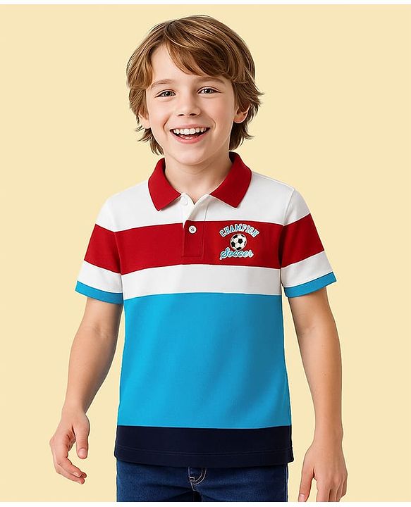 Pine Kids Cotton Knit Half Sleeves Striped Polo T-Shirt - Multicolor