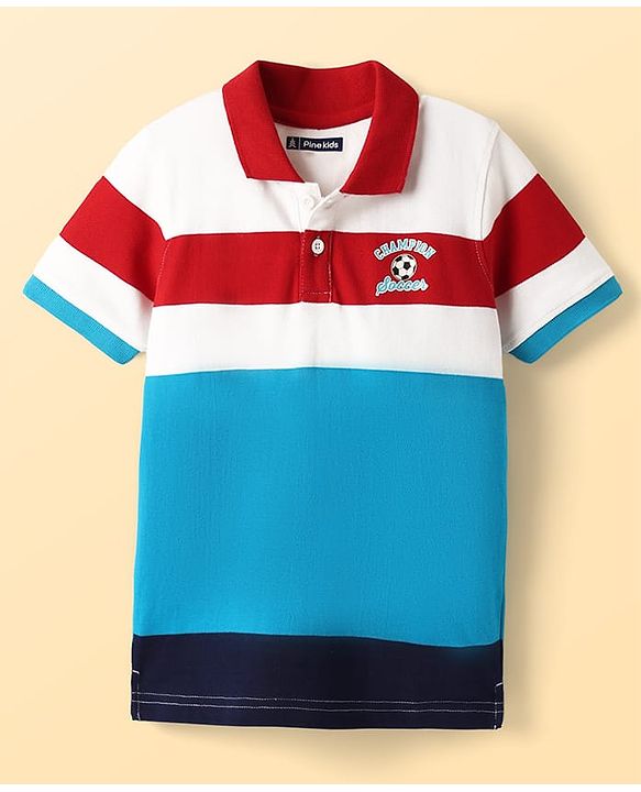 Pine Kids Cotton Knit Half Sleeves Striped Polo T-Shirt - Multicolor