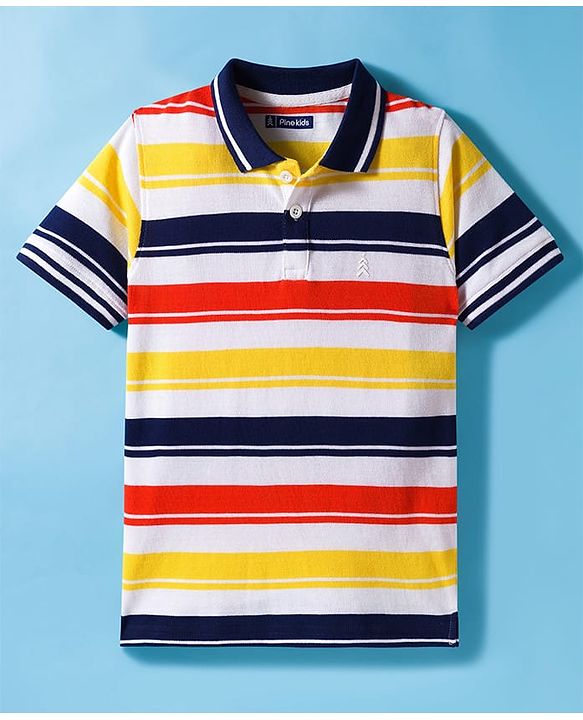 Pine Kids Cotton Knit Half Sleeves Striped Polo T-Shirt - Multicolor