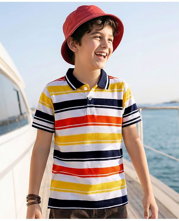 Pine Kids Cotton Knit Half Sleeves Striped Polo T-Shirt - Multicolor