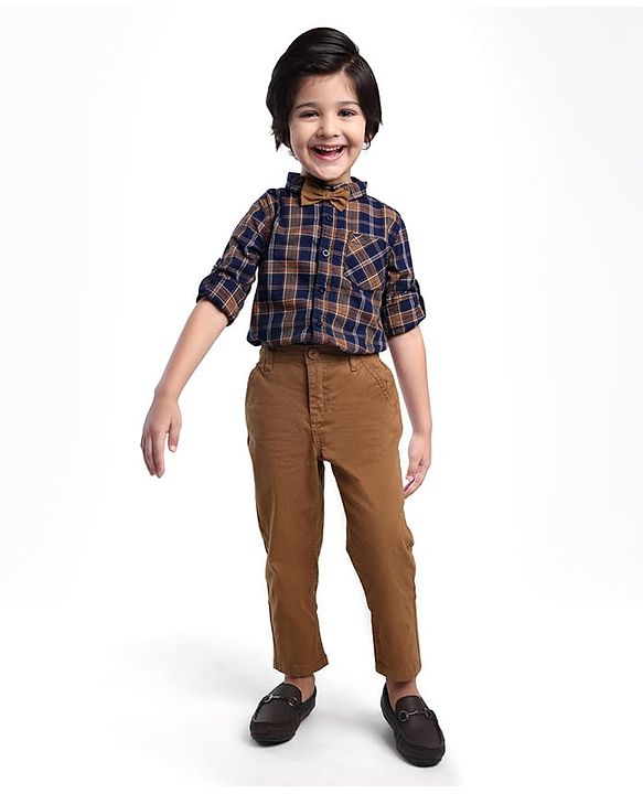 Babyhug Cotton Woven Full Sleeves Checkered Shirt & Solid Trouser & Bow - Navy Blue & Brown