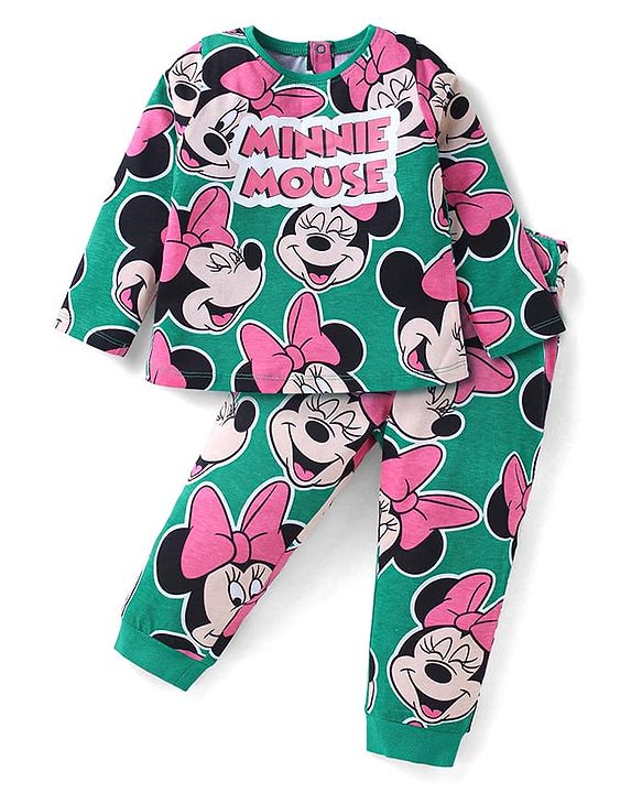 Babyhug Disney Single Jersey Knit Full Sleeves Night Suit with Minnie Mouse Graphics - Green