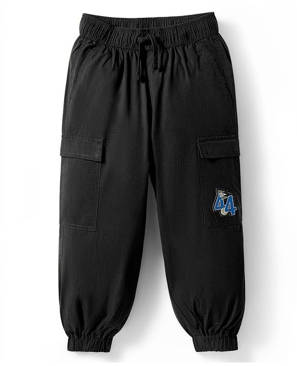 Pine Kids Cotton Elastane Woven Full Length Trouser with Cargo Pocket & Patch Detailing - Black