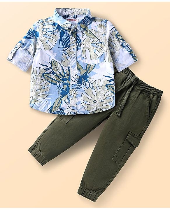 Babyhug Cotton Woven Full Sleeves Leaves Printed Shirt & Joggers Set - Blue &  Dark Green