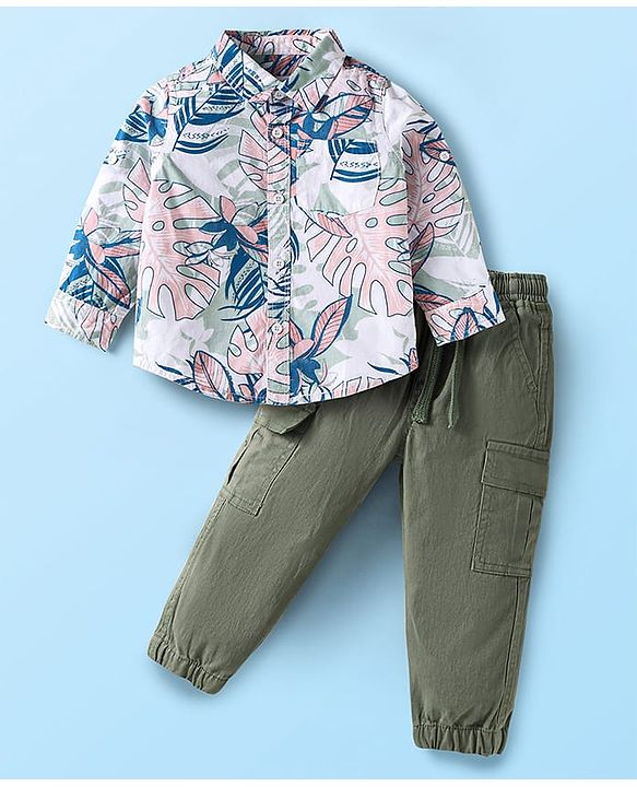 Babyhug Cotton Woven Full Sleeves Leaf Printed Shirt & Solid Trouser Set - White & Green