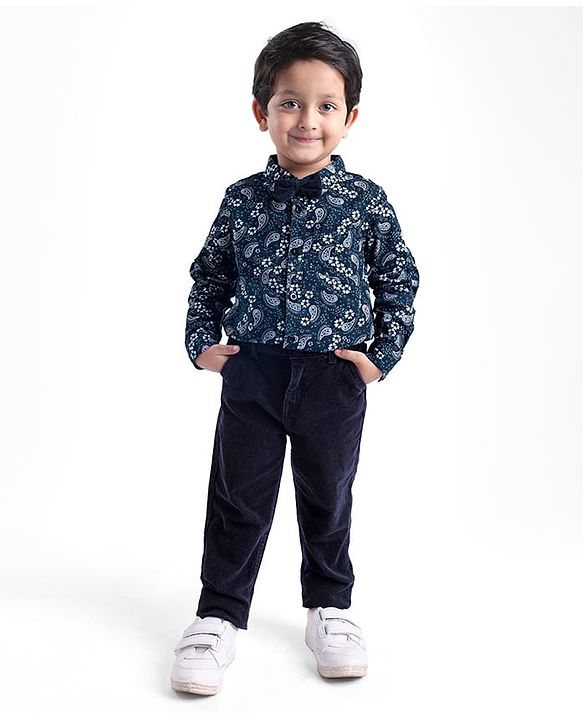 Babyhug Cotton Woven Full Sleeves Floral Printed Party Shirt & Trouser Set with Bow - Navy Blue