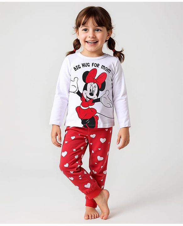 Babyhug Disney Single Jersey Knit Full Sleeves Night Suit with Minnie Mouse Graphics - Red & White