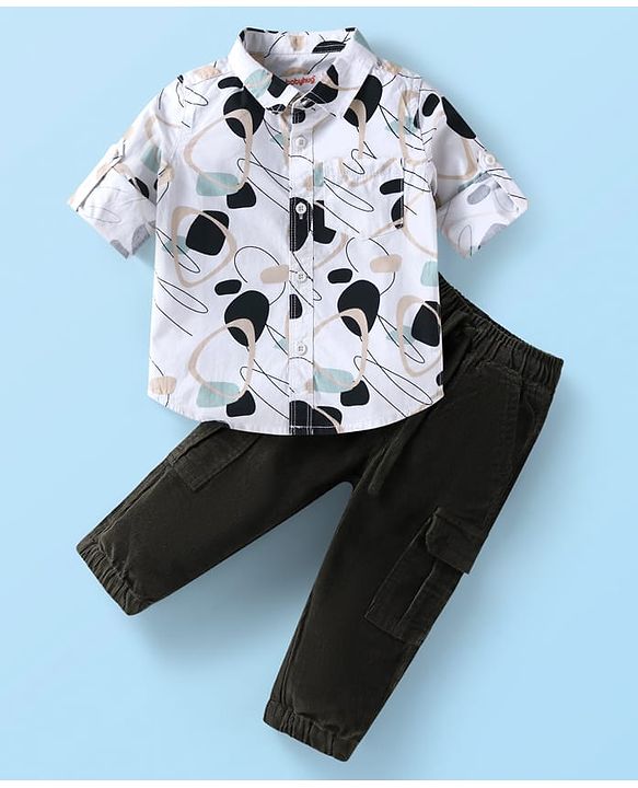 Babyhug Cotton Woven Full Sleeves Abstrack Print Shirt & Joggers Set - White & Black