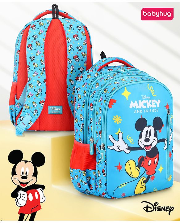 Babyhug Disney Mickey Mouse School Backpack|2 Main Compartments, 2 Front Pockets, 2 side Bottle Pockets|Water Resistant|Long lasting and Durable Zippers | Comfortable back cushioning | For School, Travel and Outdoors|Blue- 15.8 inches