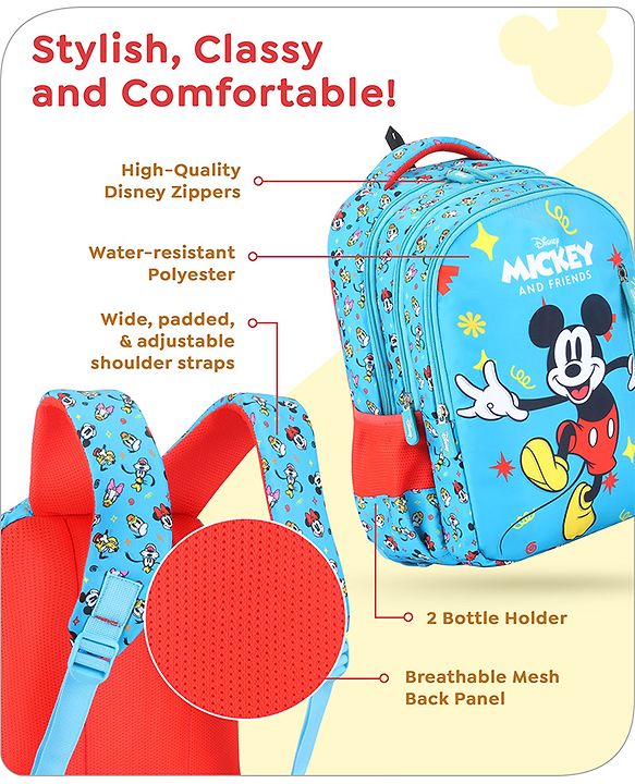 Babyhug Disney Mickey Mouse School Backpack|2 Main Compartments, 2 Front Pockets, 2 side Bottle Pockets|Water Resistant|Long lasting and Durable Zippers | Comfortable back cushioning | For School, Travel and Outdoors|Blue- 15.8 inches