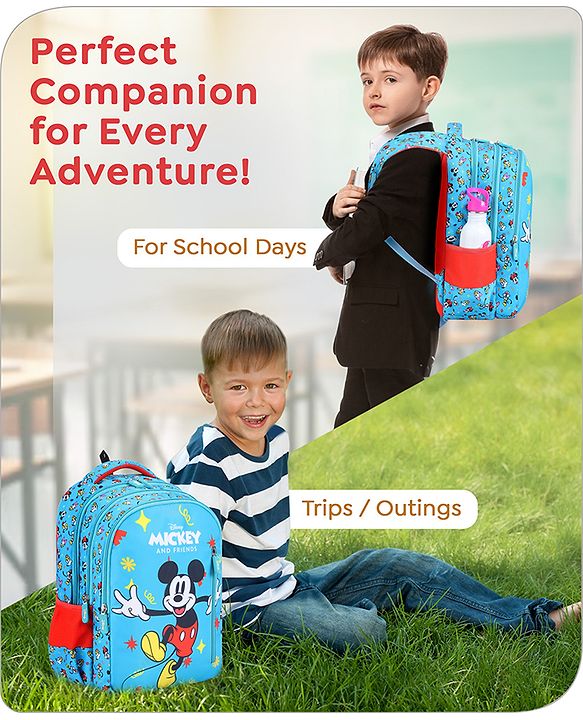 Babyhug Disney Mickey Mouse School Backpack|2 Main Compartments, 2 Front Pockets, 2 side Bottle Pockets|Water Resistant|Long lasting and Durable Zippers | Comfortable back cushioning | For School, Travel and Outdoors|Blue- 15.8 inches
