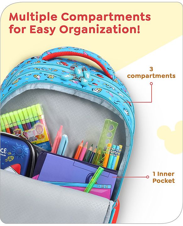 Babyhug Disney Mickey Mouse School Backpack|2 Main Compartments, 2 Front Pockets, 2 side Bottle Pockets|Water Resistant|Long lasting and Durable Zippers | Comfortable back cushioning | For School, Travel and Outdoors|Blue- 15.8 inches