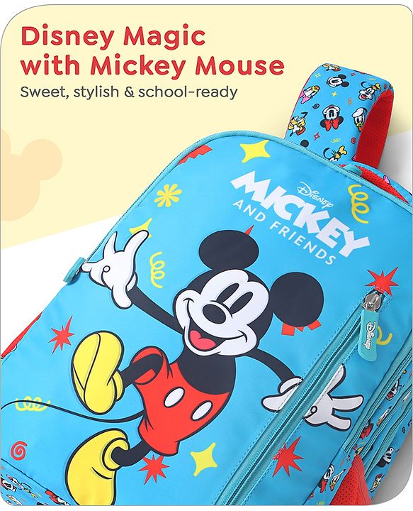 Babyhug Disney Mickey Mouse School Backpack|2 Main Compartments, 2 Front Pockets, 2 side Bottle Pockets|Water Resistant|Long lasting and Durable Zippers | Comfortable back cushioning | For School, Travel and Outdoors|Blue- 15.8 inches