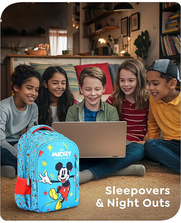 Babyhug Disney Mickey Mouse School Backpack|2 Main Compartments, 2 Front Pockets, 2 side Bottle Pockets|Water Resistant|Long lasting and Durable Zippers | Comfortable back cushioning | For School, Travel and Outdoors|Blue- 15.8 inches