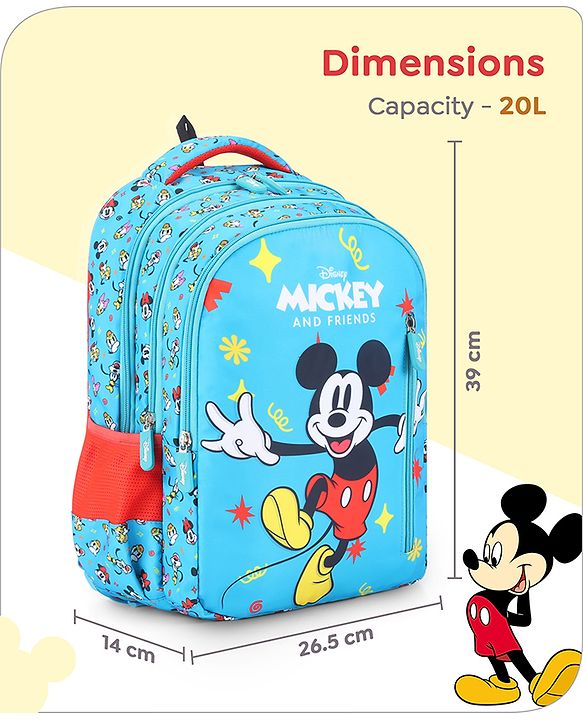Babyhug Disney Mickey Mouse School Backpack|2 Main Compartments, 2 Front Pockets, 2 side Bottle Pockets|Water Resistant|Long lasting and Durable Zippers | Comfortable back cushioning | For School, Travel and Outdoors|Blue- 15.8 inches