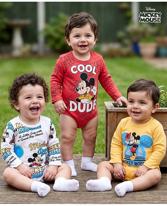 Babyhug Disney Interlock Knit Full Sleeves Onesies With Mickey Mouse Graphics Pack of 3 - Yellow Red & White