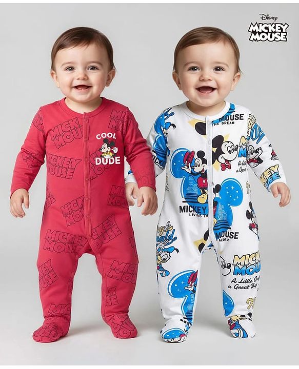 Babyhug Disney Interlock Knit Full Sleeves Footed Sleep Suits With Mickey Mouse Graphics Pack Of 2 - Red & White