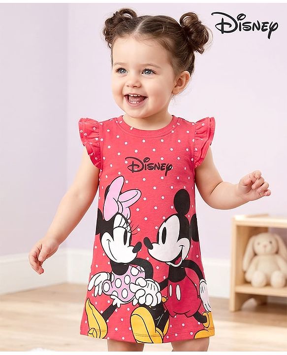 Babyhug Disney Single Jersey Knit Sleeveless Nighty With Mickey & Minnie Graphics - Red