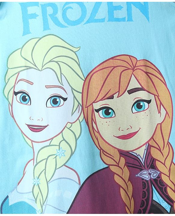 Pine Kids Disney Single Jersey Knit Frill Sleeves Nighty With Elsa & Anna Graphics - Light Blue