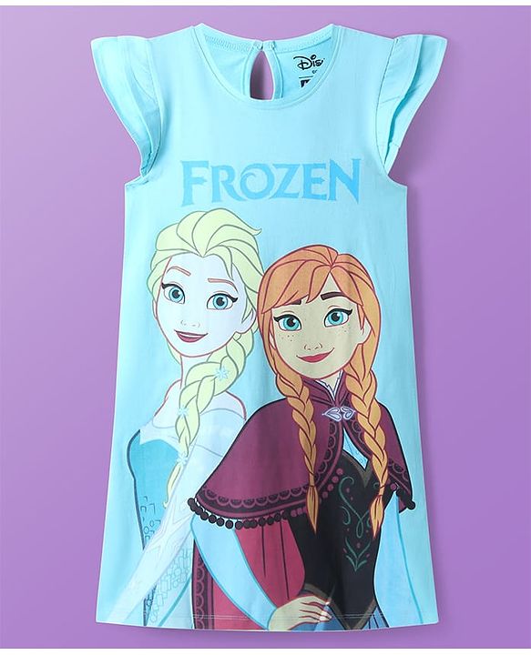 Pine Kids Disney Single Jersey Knit Frill Sleeves Nighty With Elsa & Anna Graphics - Light Blue