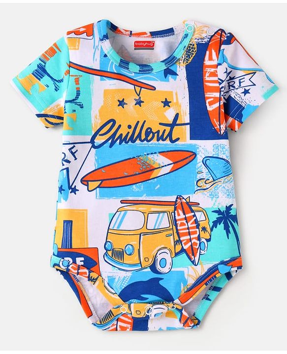 Babyhug 100% Cotton Knit Half Sleeves Onesie with Beach Theme Print - Light Blue