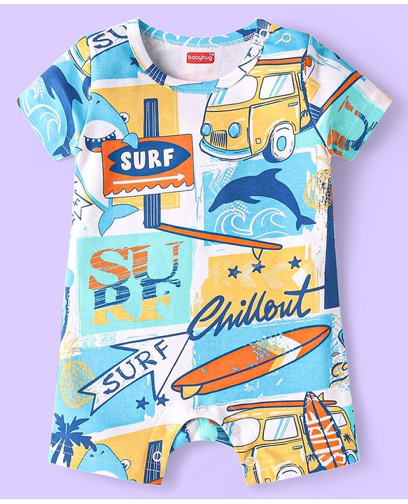 Babyhug Interlock Knit Half Sleeves Romper With Beach Theme Print - White & Light Blue