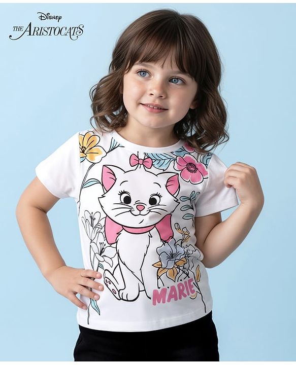 Babyhug Disney Single Jersey Knit Half Sleeves T-Shirt With Marie Graphic - White
