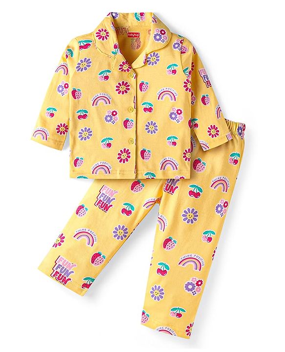 Babyhug Cotton Knit Half Sleeves T-Shirt & Shorts Night Suit With Fruits & Polka Dot Print - White