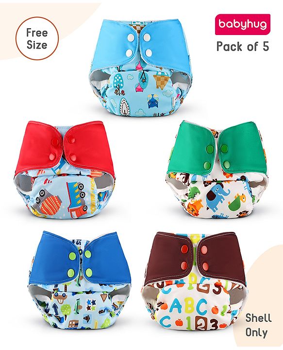 Babyhug Reusable Cloth Diaper with Contrast Flap and without Insert (Shell Only) Pack of 5 Free Size (Color May Vary)