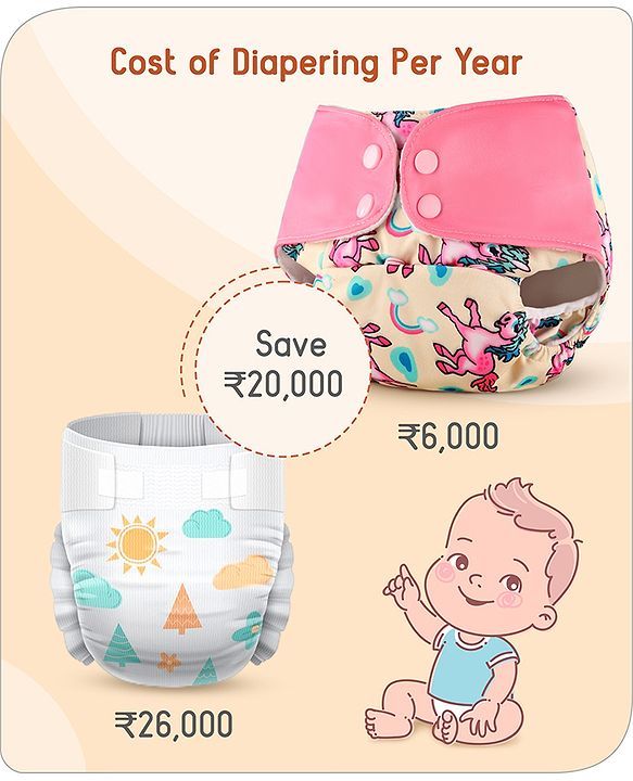 Babyhug Free Size Reusable Cloth Diaper With Inserts & Contrast Flap Pack of 3 - Blue & Brown