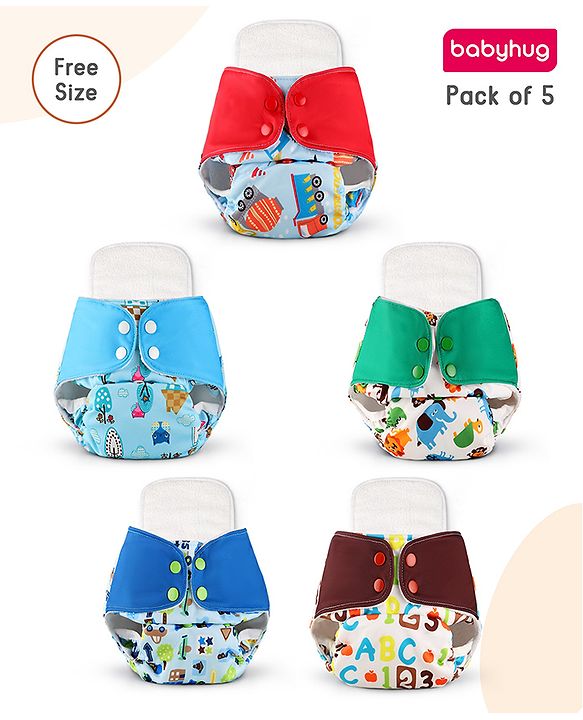 Babyhug Free Size Reusable Cloth Diaper With Inserts & Contrast Flap Pack of 3 - Blue & Brown