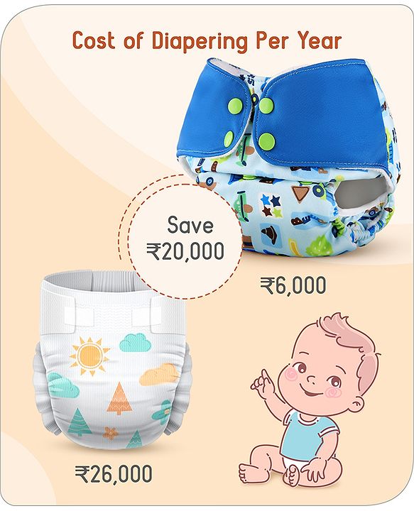 Babyhug Free Size Reusable Cloth Diaper With Inserts & Contrast Flap Pack of 3 - Blue & Brown