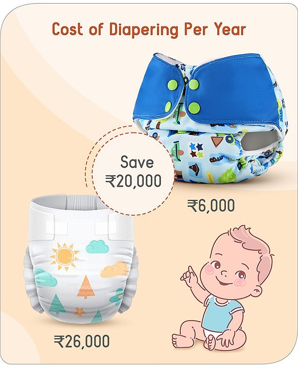 Babyhug Free Size Reusable Cloth Diaper With Inserts & Contrast Flap Pack of 3 - Blue & Brown