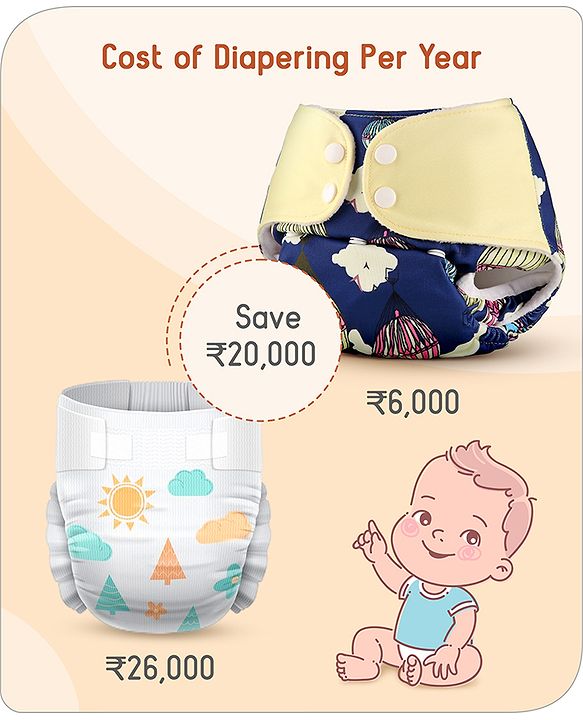 Babyhug Free Size Reusable Cloth Diaper With Inserts & Contrast Flap Pack of 3 - Blue & Brown