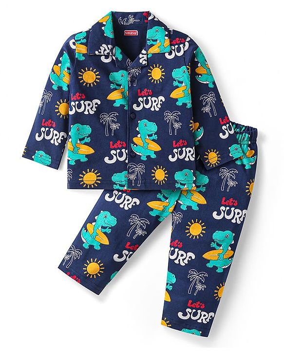 Babyhug Cotton Knit Full Sleeves Co-ords Night Suit with Beach Theme Print - Navy Blue