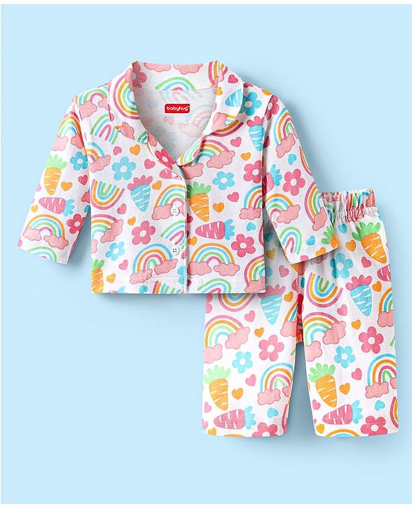 Babyhug Cotton Knit Full Sleeves Co-ords Night Suit with Rainbow & Floral Print - White