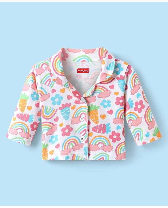 Babyhug Cotton Knit Full Sleeves Co-ords Night Suit with Rainbow & Floral Print - White