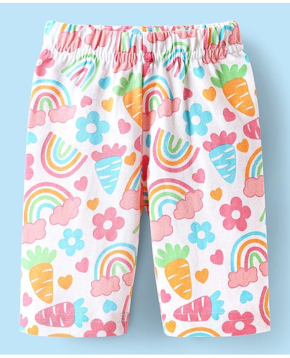 Babyhug Cotton Knit Full Sleeves Co-ords Night Suit with Rainbow & Floral Print - White