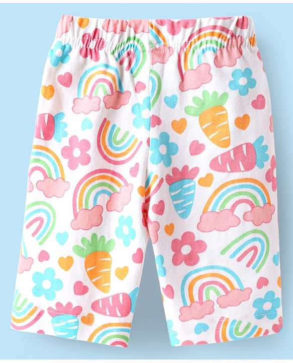 Babyhug Cotton Knit Full Sleeves Co-ords Night Suit with Rainbow & Floral Print - White