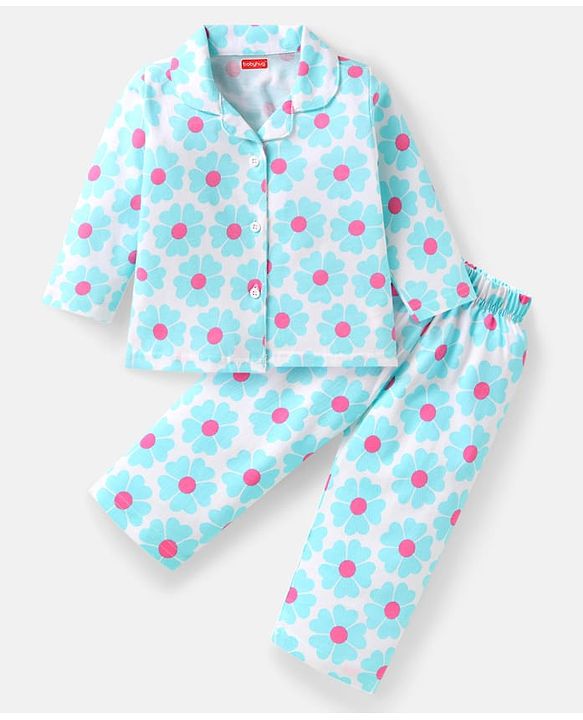Babyhug Cotton Knit Full Sleeves Co-ords Night Suit with Floral Print - White