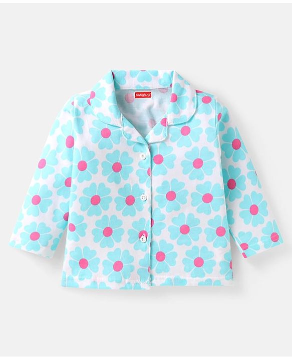 Babyhug Cotton Knit Full Sleeves Co-ords Night Suit with Floral Print - White