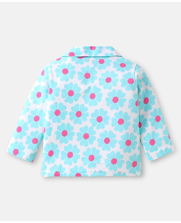 Babyhug Cotton Knit Full Sleeves Co-ords Night Suit with Floral Print - White