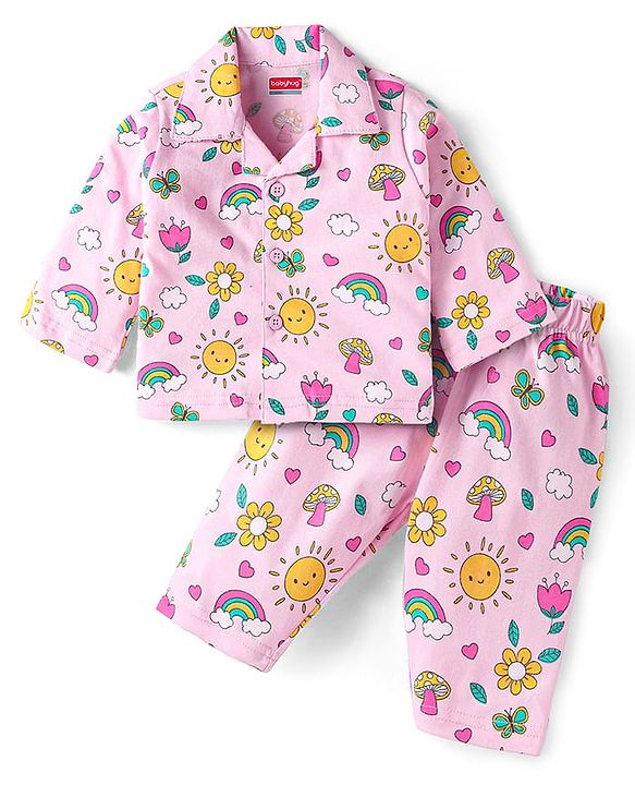 Babyhug Cotton Knit Full Sleeves Night Suit with Floral Print - Pink