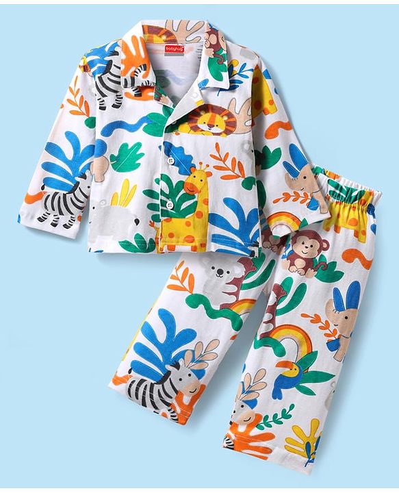 Babyhug Cotton Knit Full Sleeves Front Open Co-ords Night Suit with Animal Print - White